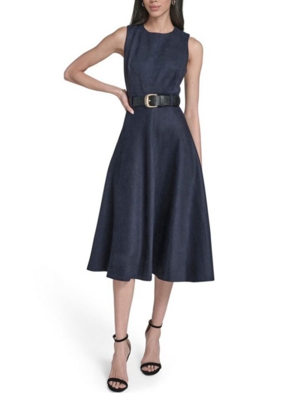 Suede Navy Belted Midi Dress Size 10 New With Tags Calvin Klein FLATTERING Style